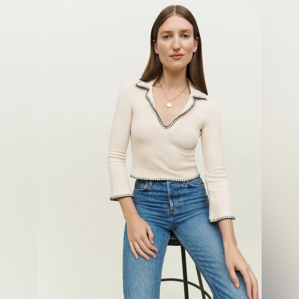 NWT Reformation Nolen Knit Collared Stitch Detail Top Bone XS Academia Casual - Picture 4 of 9